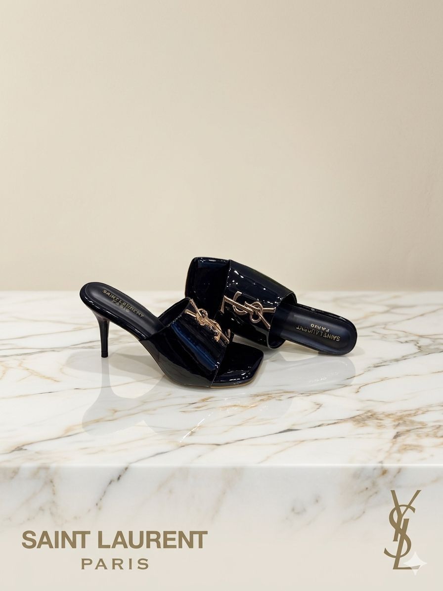 First Copy YSL Black Patent Leather Heels with Monogram - Image 5