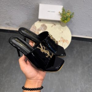 First Copy YSL Black Patent Leather Heels with Monogram