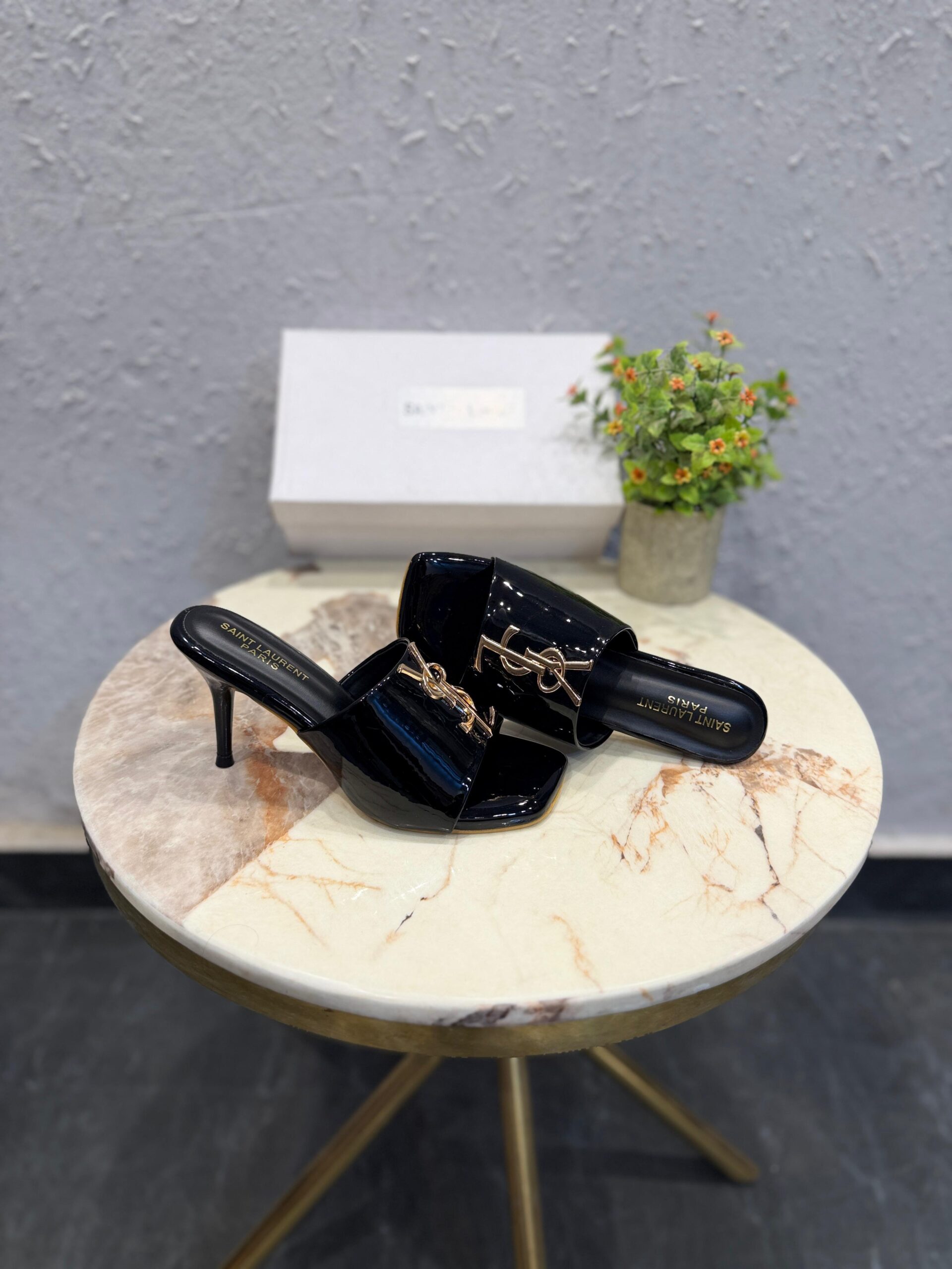 First Copy YSL Black Patent Leather Heels with Monogram - Image 7