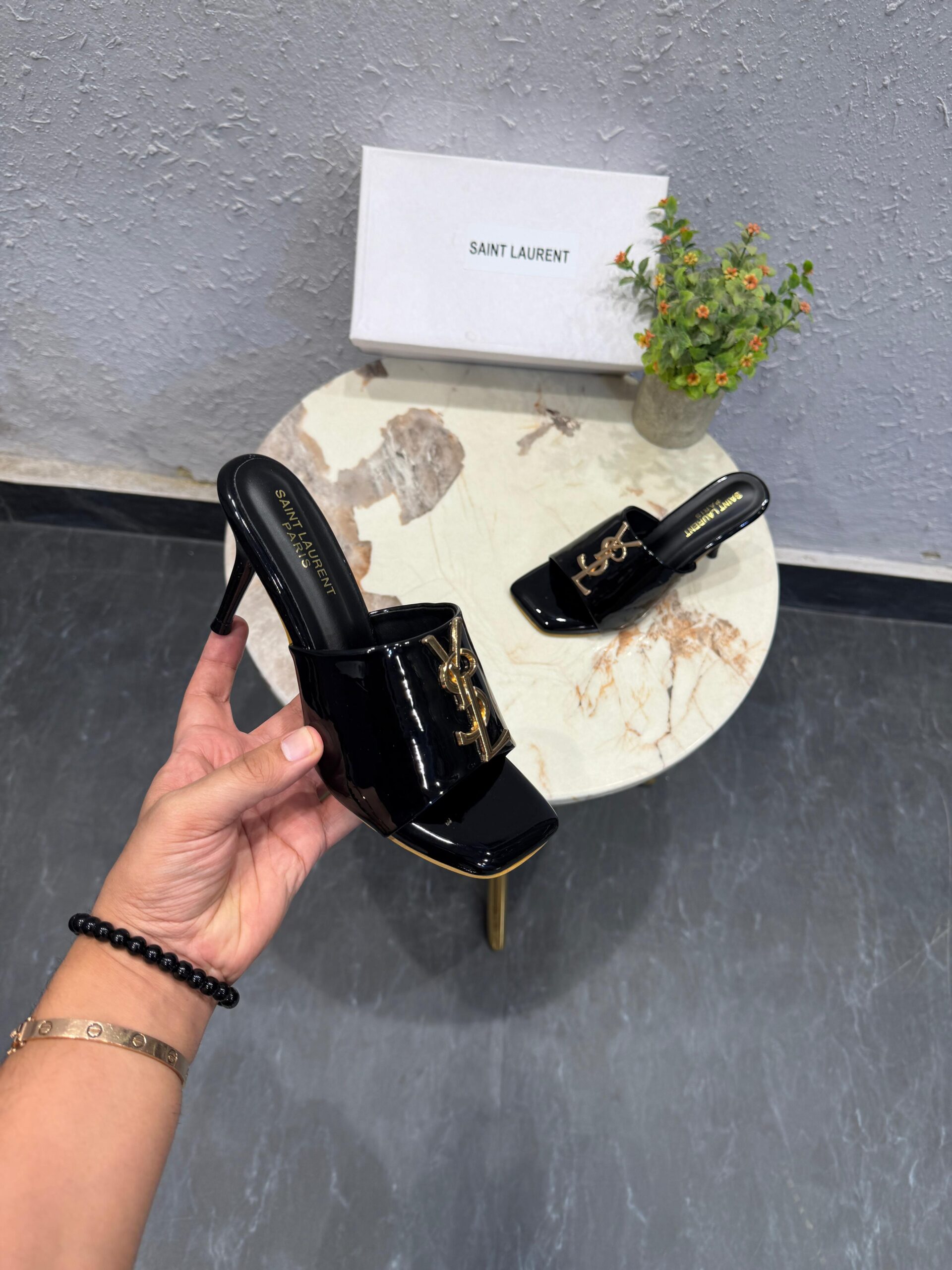 First Copy YSL Black Patent Leather Heels with Monogram - Image 4