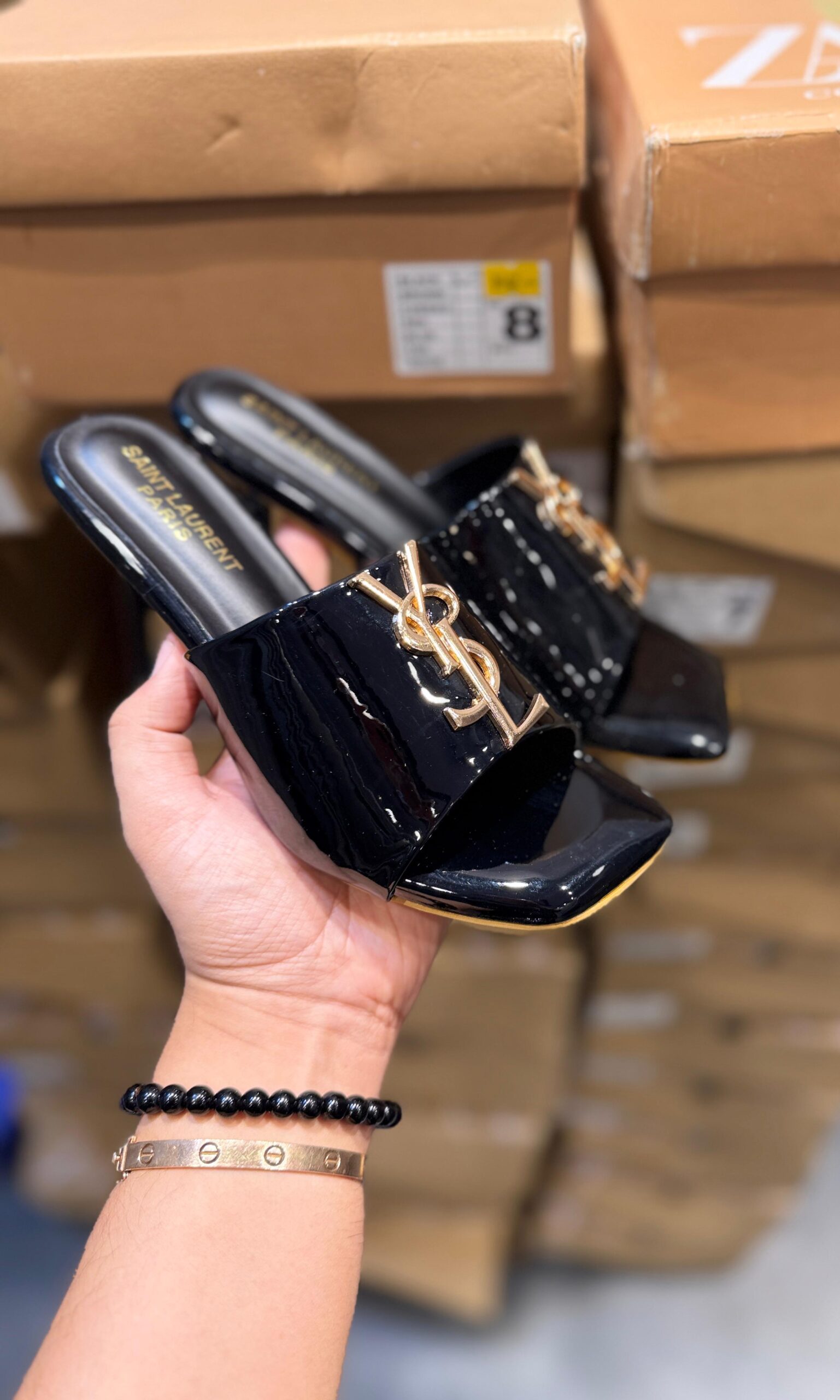 First Copy YSL Black Patent Leather Heels with Monogram - Image 2