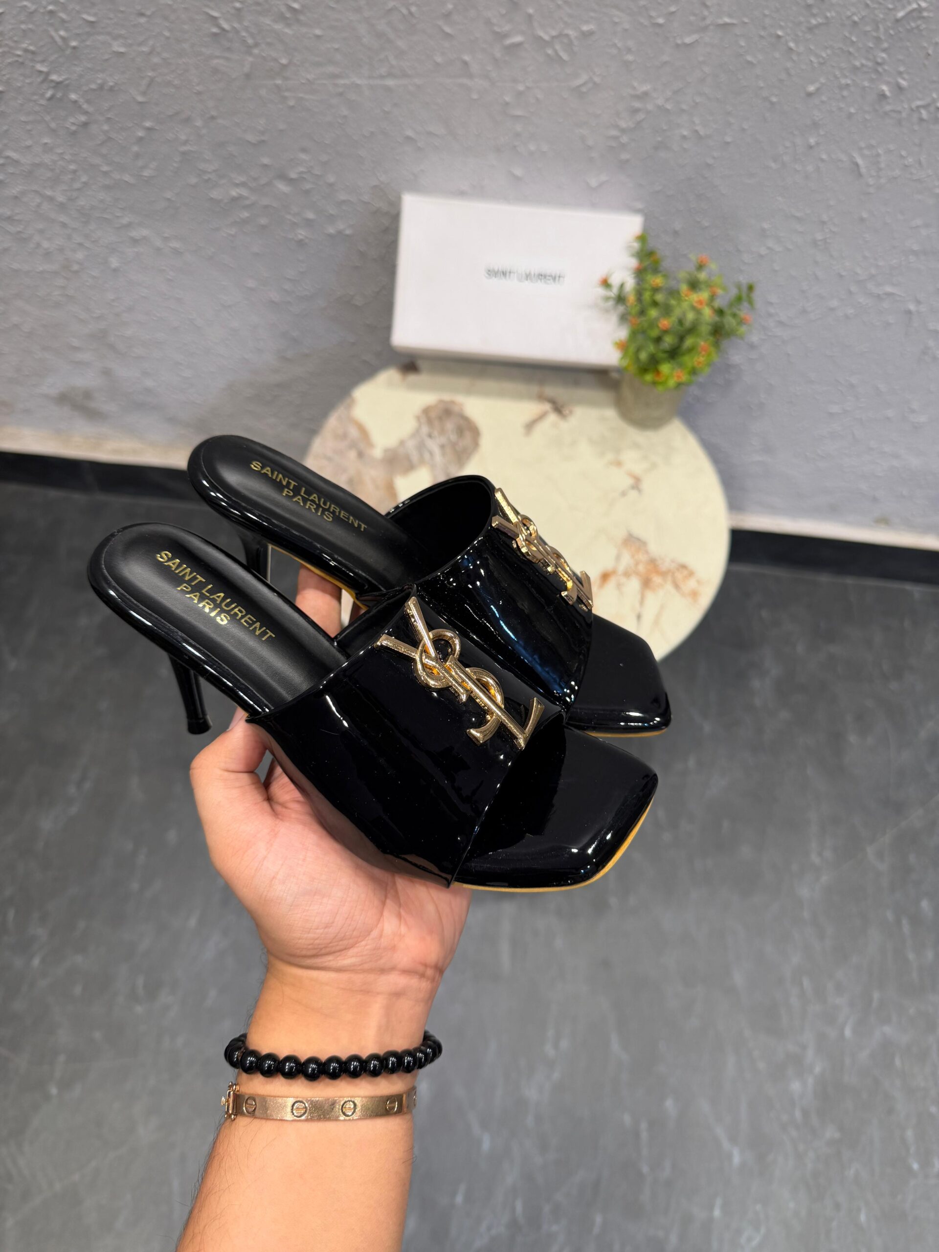 First Copy YSL Black Patent Leather Heels with Monogram
